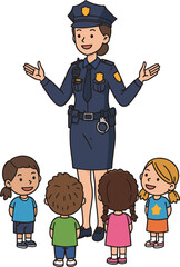 Female police officer teaching children, community safety education, kids learning about law enforcement, friendly cop, school outreach program