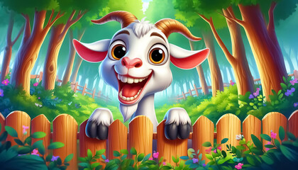 Happy goat cartoon on a wooden fence