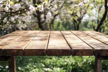 Fototapeta premium Wooden table with blurred Sakura flower park