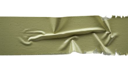 Horizontally oriented pale olive-green adhesive tape, profoundly wrinkled with granular texture & frayed edges, isolated on transparent, captured with sharp raking light, texture study concept