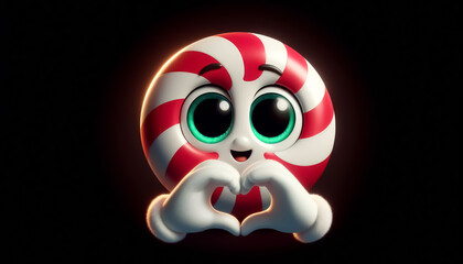 Red and white peppermint candy cartoon making a heart with their hands. Christmas time