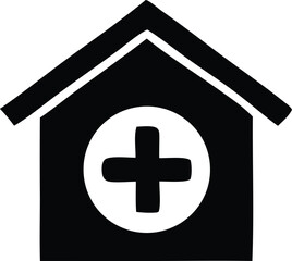 Obraz premium Simple black and white icon of a medical building or hospital with a cross symbol healthcare services and care concept