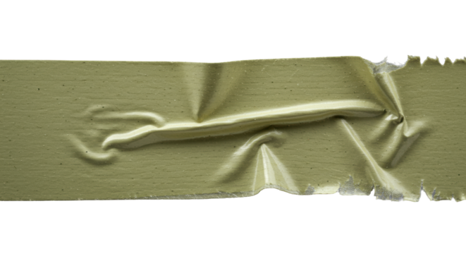 Horizontally oriented pale olive-green adhesive tape, profoundly wrinkled with granular texture & frayed edges, isolated on transparent, captured with sharp raking light, texture study concept