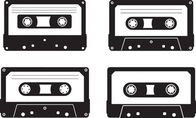 Obraz premium Four retro cassette tapes in a black and white silhouette style