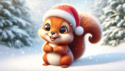 Adorable squirrel cartoon illustration with Santa hat