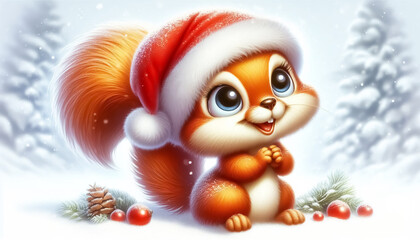 Adorable squirrel cartoon illustration with Santa hat