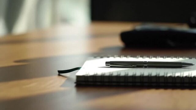 Close up of spiral notebook and black pen on a wooden desk with bright natural light and shadows