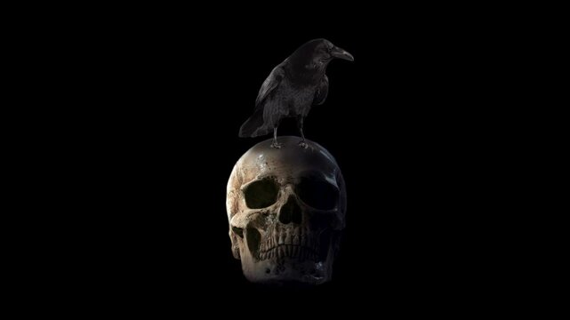 Raven cawing on top of a human skull