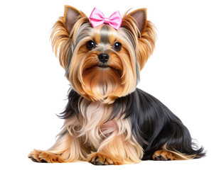 Yorkshire Terrier with Top Knot Bow Sitting Calmly, Transparent Background