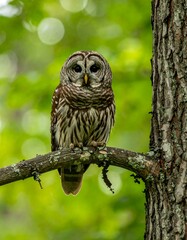 Obraz premium Owl perched on a branch in a forest