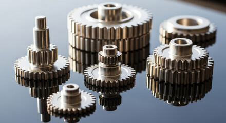 Precision Engineered Metal Gears and Cogs Reflecting on a Dark Surface Showcasing Intricate Design and Manufacturing Excellence for Industrial Applications and Machinery