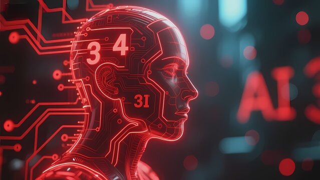 Digital human head with circuitry and AI elements in red neon lighting