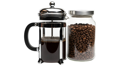 Brewing fresh coffee with a French press and roasted beans in a jar