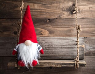 Christmas gnome sitting on rustic wooden swing