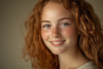 Naklejka premium Freckled young woman smiling with curly hair