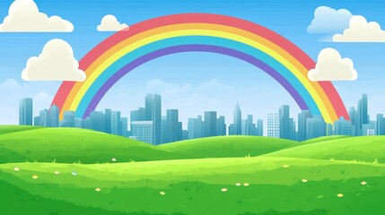 Rainbow over cityscape meadow