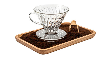 Artisan coffee brewing ritual with a clear glass dripper and rich ground beans on a wooden tray.