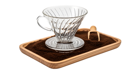 Artisan coffee brewing ritual with a clear glass dripper and rich ground beans on a wooden tray.