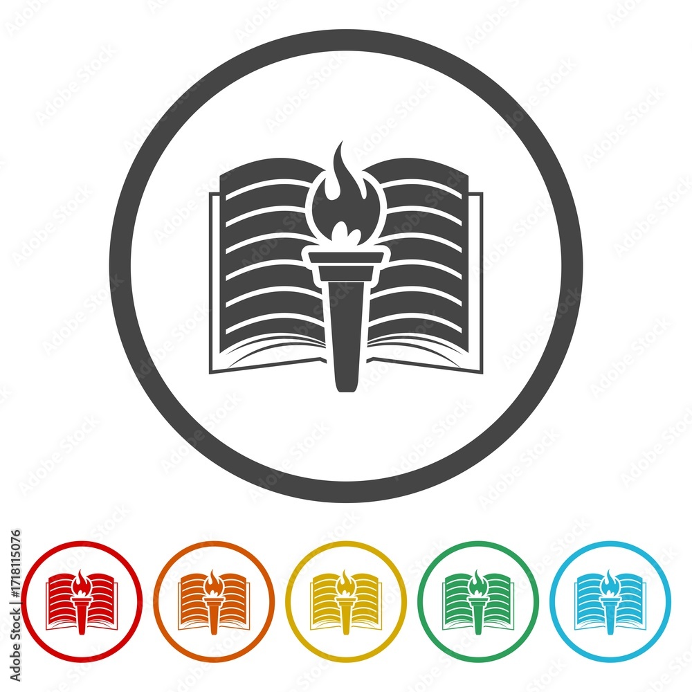 Poster Education book with torch icon. Set icons in color circle buttons