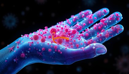 A hand covered in viruses and bacteria, a microscopic view.