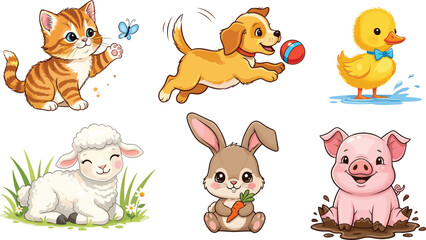 Cartoon Baby Animal Icons Featuring Kitten, Puppy, Duckling, Lamb, Bunny, Piglet in Playful Poses with Bright Colors