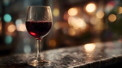 A single glass of red wine rests on a textured bar counter with soft bokeh lights in the background