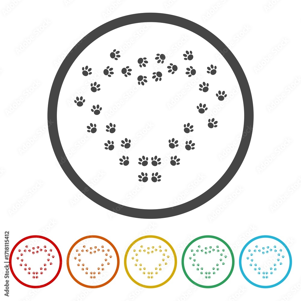 Poster paw heart icon. set icons in color circle buttons