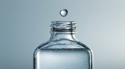Clear glass bottle with liquid, open cap, single drop