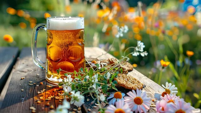 Beer and snacks against the backdrop of the German village. Selective focus. drink.
