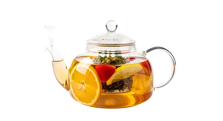 Refreshing fruit infused tea steeping in a clear glass teapot, a healthy beverage.