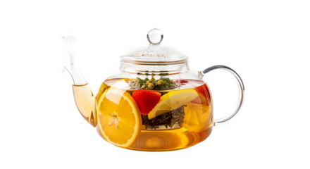 Refreshing fruit infused tea steeping in a clear glass teapot, a healthy beverage.