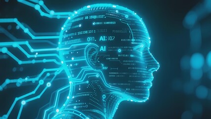 Digital human head with circuitry and AI data visualization