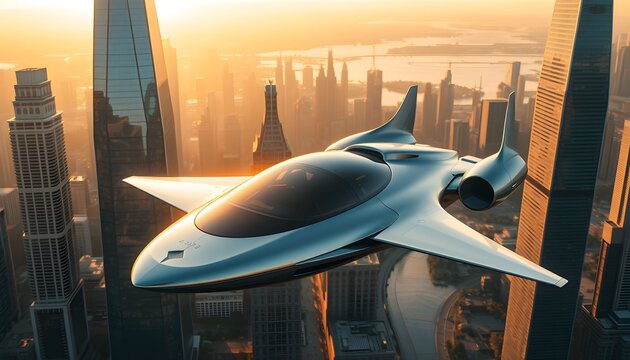 A sleek, futuristic personal jet soars through a modern metropolis with towering skyscrapers during a golden sunset. - Powered by Adobe