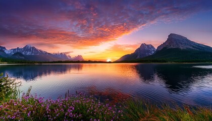 Obraz premium Stunning Landscape Photo Depicts Vibrant Sunset Over Majestic Mountains And Tranquil Lake Water
