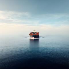Fototapeta premium Cargo ship sailing on a calm ocean under a hazy sky