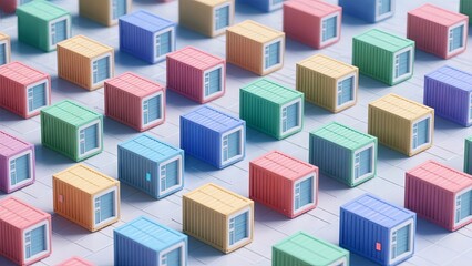 Shipping containers in various colors are arranged in a grid pattern on a flat surface. The scene captures the organized and colorful nature of container logistics, ideal for transport studies