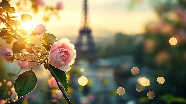 Eiffel Tower against the background of blooming flowers. Selective focus. Nature.