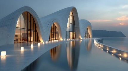 Stunning futuristic building beside calm water high resolution picture