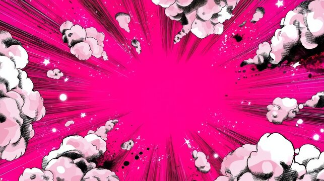 Vibrant pink explosion with dynamic streaks and white dots, black and white stylized clouds and smoke, comic book style,