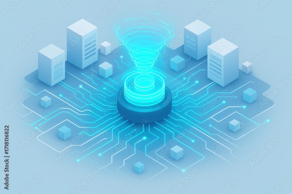 Poster digital information hub: an isometric view of a digital information hub, illustrating data processin