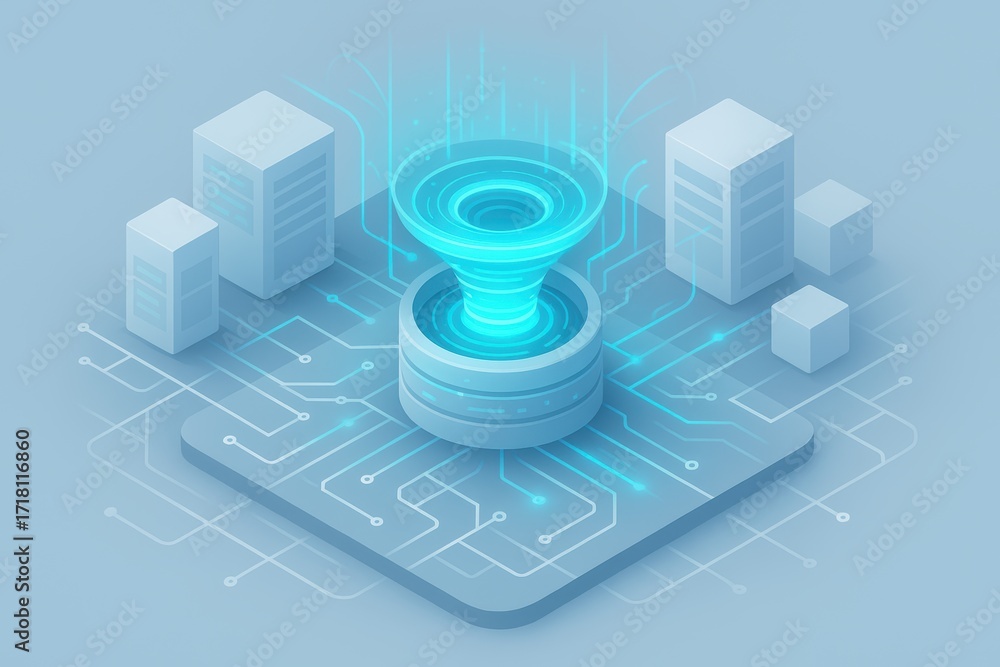 Poster digital funnel: abstract isometric illustration of a digital funnel concept, symbolizing data proces
