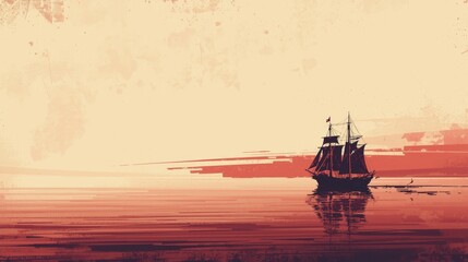 Stylized Modern Anime Background of a Tranquil Ship Scene with Warm Red and Beige Tones, Artistic Brushstroke Texture, Soft Gradients, and Cinematic Minimalist Atmosphere for Poster Design