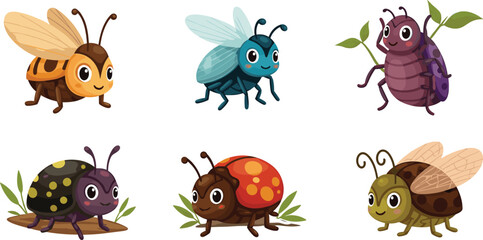 Cartoon Beetle Icons Featuring Colorful Bugs with Smiling Faces, Unique Wings, Antennae, Leaf and Wood Elements, and Playful Style