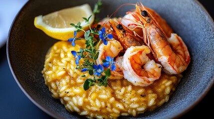 Edible flowers garnish with vibrant blue blooms adorning premium seafood risotto with perfectly grilled prawns and fresh lemon in elegant dark ceramic bowl
