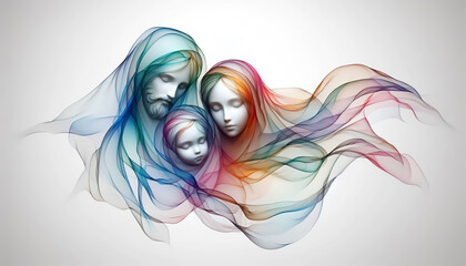 Abstract Holy Family represented by soft silk floating gently in the background. Christmas time