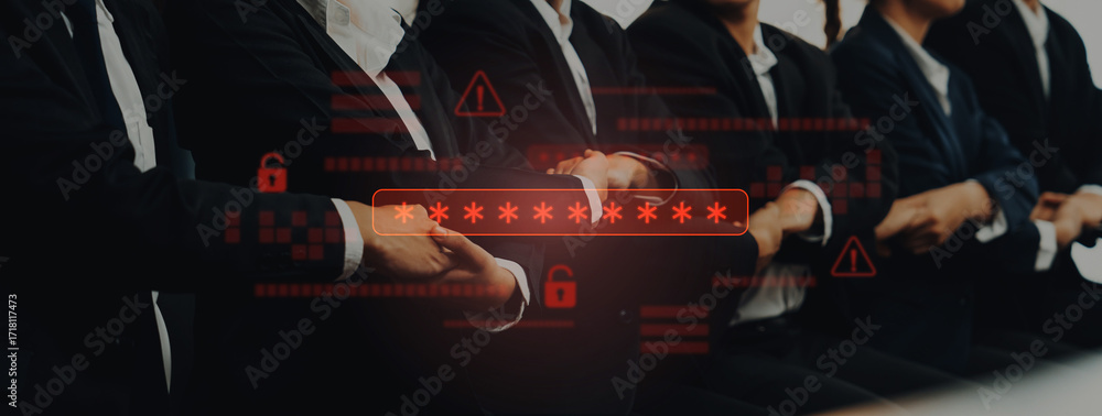 Poster a group of business professionals in suits engaged in a discussion about cybersecurity, highlighted 