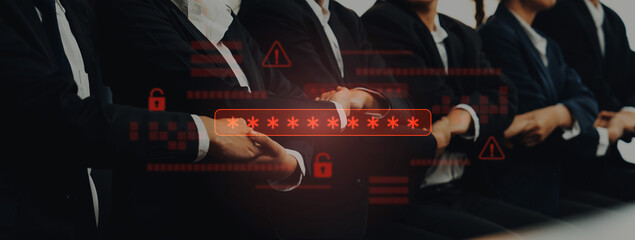 A group of business professionals in suits engaged in a discussion about cybersecurity, highlighted...