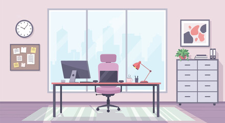 Vector illustration of a modern office interior with a comfortable workplace. Empty contemporary business room with a desk, computer, and a large window showing a city view