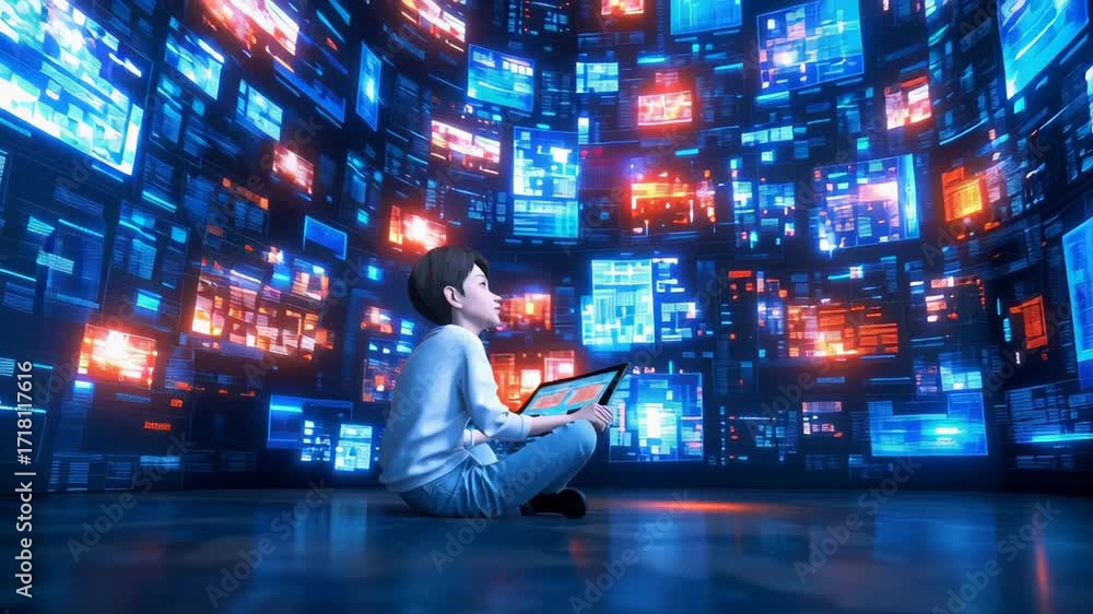 Poster young boy sitting cross-legged, holding tablet, surrounded by multiple digital screens displaying co