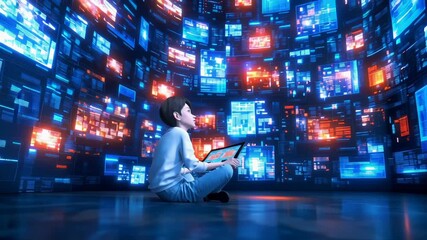 Young boy sitting cross-legged, holding tablet, surrounded by multiple digital screens displaying complex data visualizations in blue and red color spectrum. Curved wall of interconnected screens - Powered by Adobe